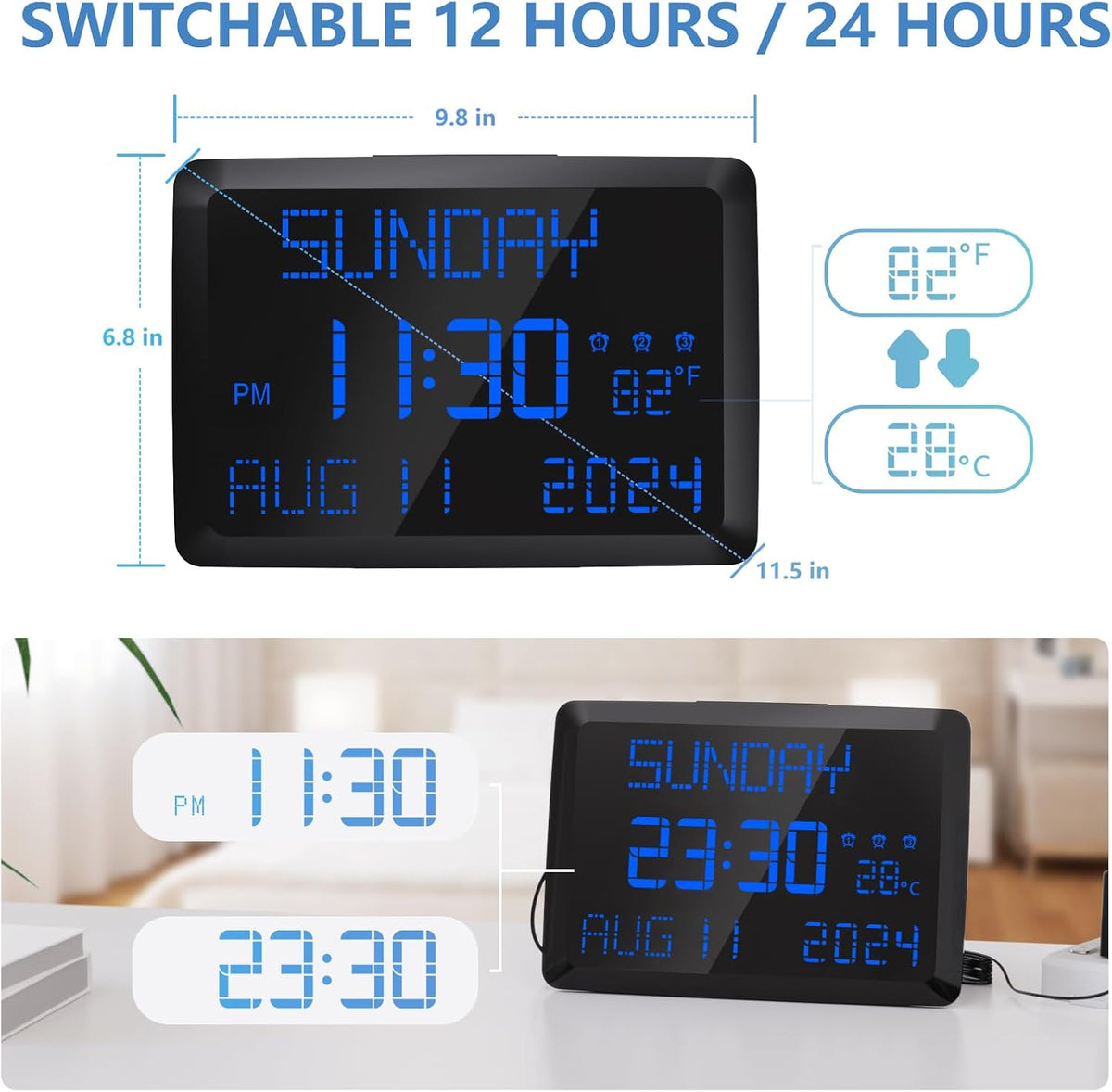 Digital Clock, 11.5" Large Display Calendar Clock with Day and Date, Indoor Temperature, Adjustable Brightness, Snooze,12/24H, DST for Home, Office, Elderly