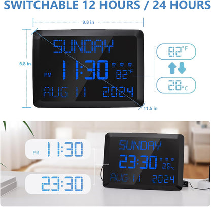 Digital Clock, 11.5" Large Display Calendar Clock with Day and Date, Indoor Temperature, Adjustable Brightness, Snooze,12/24H, DST for Home, Office, Elderly