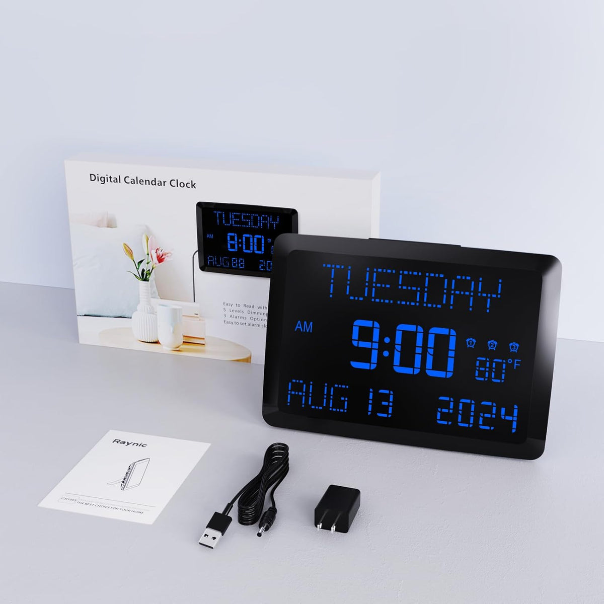 Digital Clock, 11.5" Large Display Calendar Clock with Day and Date, Indoor Temperature, Adjustable Brightness, Snooze,12/24H, DST for Home, Office, Elderly