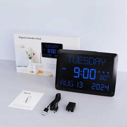 Digital Clock, 11.5" Large Display Calendar Clock with Day and Date, Indoor Temperature, Adjustable Brightness, Snooze,12/24H, DST for Home, Office, Elderly