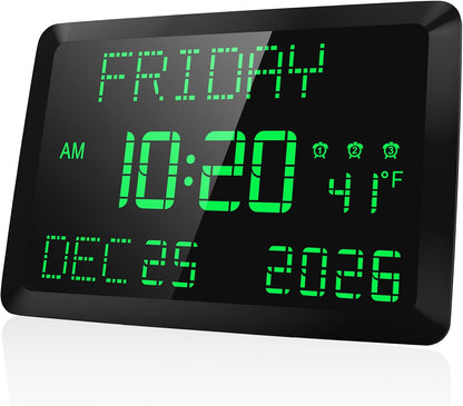 Digital Clock, 11.5" Large Display Calendar Clock with Day and Date, Indoor Temperature, Adjustable Brightness, Snooze,12/24H, DST for Home, Office, Elderly