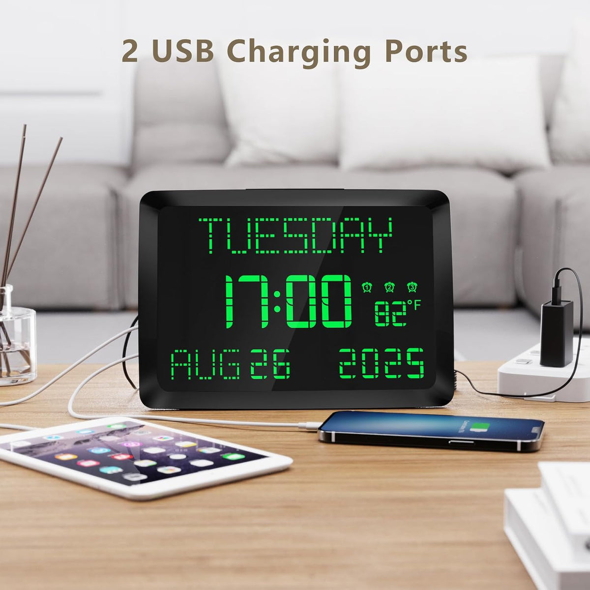 Digital Clock, 11.5" Large Display Calendar Clock with Day and Date, Indoor Temperature, Adjustable Brightness, Snooze,12/24H, DST for Home, Office, Elderly