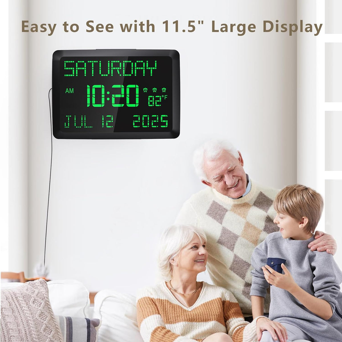 Digital Clock, 11.5" Large Display Calendar Clock with Day and Date, Indoor Temperature, Adjustable Brightness, Snooze,12/24H, DST for Home, Office, Elderly