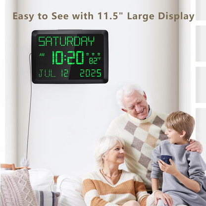 Digital Clock, 11.5" Large Display Calendar Clock with Day and Date, Indoor Temperature, Adjustable Brightness, Snooze,12/24H, DST for Home, Office, Elderly