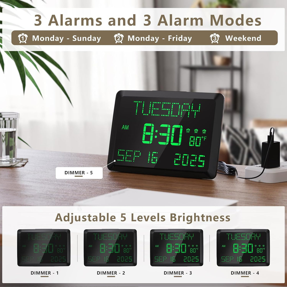 Digital Clock, 11.5" Large Display Calendar Clock with Day and Date, Indoor Temperature, Adjustable Brightness, Snooze,12/24H, DST for Home, Office, Elderly