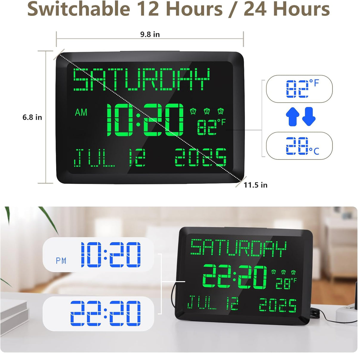 Digital Clock, 11.5" Large Display Calendar Clock with Day and Date, Indoor Temperature, Adjustable Brightness, Snooze,12/24H, DST for Home, Office, Elderly