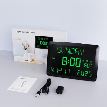 Digital Clock, 11.5" Large Display Calendar Clock with Day and Date, Indoor Temperature, Adjustable Brightness, Snooze,12/24H, DST for Home, Office, Elderly