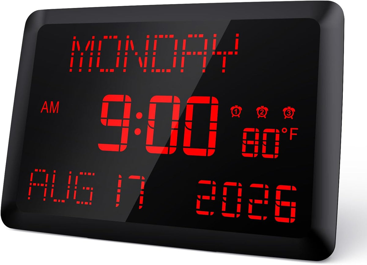 Digital Clock, 11.5" Large Display Calendar Clock with Day and Date, Indoor Temperature, Adjustable Brightness, Snooze,12/24H, DST for Home, Office, Elderly