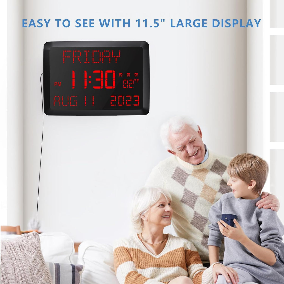 Digital Clock, 11.5" Large Display Calendar Clock with Day and Date, Indoor Temperature, Adjustable Brightness, Snooze,12/24H, DST for Home, Office, Elderly