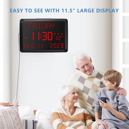 Digital Clock, 11.5" Large Display Calendar Clock with Day and Date, Indoor Temperature, Adjustable Brightness, Snooze,12/24H, DST for Home, Office, Elderly