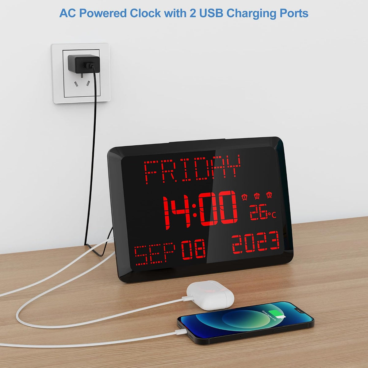 Digital Clock, 11.5" Large Display Calendar Clock with Day and Date, Indoor Temperature, Adjustable Brightness, Snooze,12/24H, DST for Home, Office, Elderly