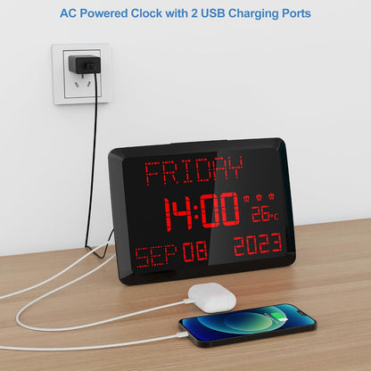 Digital Clock, 11.5" Large Display Calendar Clock with Day and Date, Indoor Temperature, Adjustable Brightness, Snooze,12/24H, DST for Home, Office, Elderly