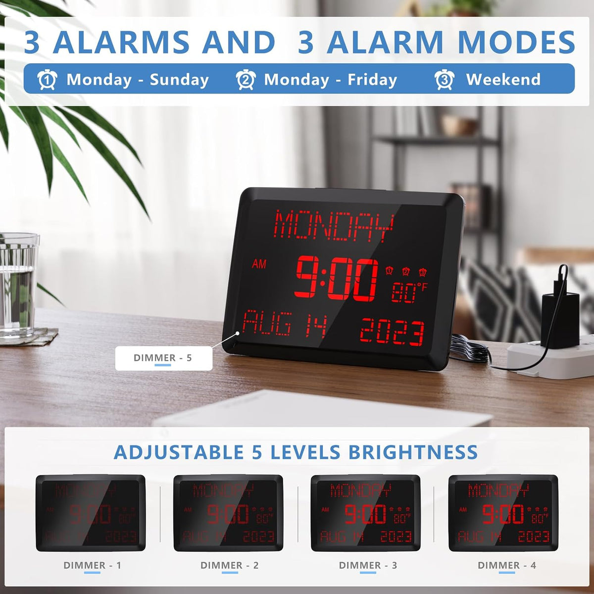 Digital Clock, 11.5" Large Display Calendar Clock with Day and Date, Indoor Temperature, Adjustable Brightness, Snooze,12/24H, DST for Home, Office, Elderly