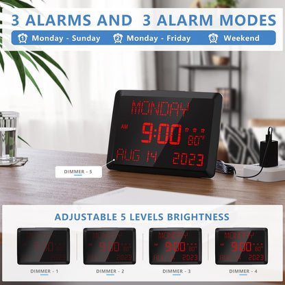 Digital Clock, 11.5" Large Display Calendar Clock with Day and Date, Indoor Temperature, Adjustable Brightness, Snooze,12/24H, DST for Home, Office, Elderly