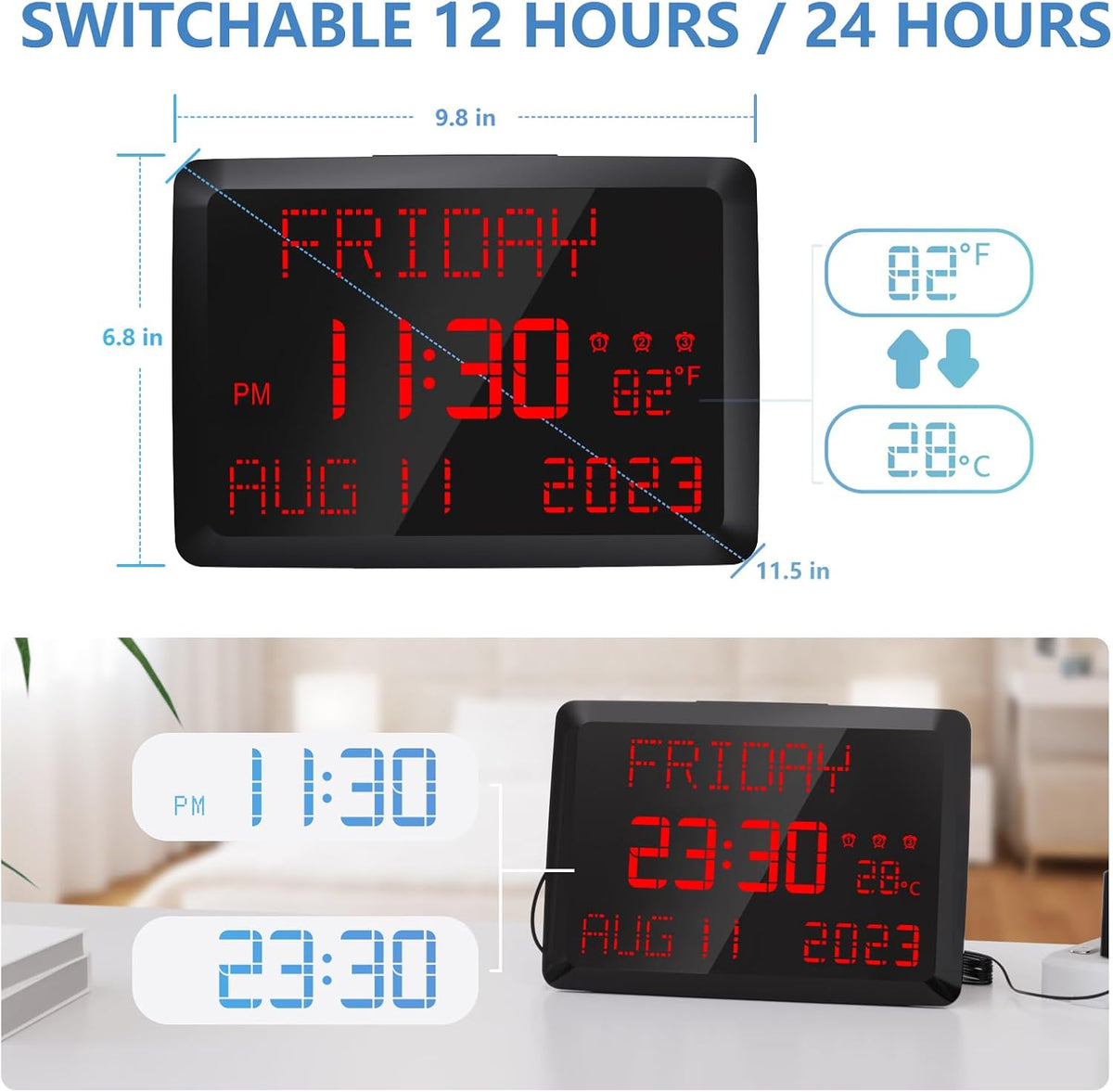 Digital Clock, 11.5" Large Display Calendar Clock with Day and Date, Indoor Temperature, Adjustable Brightness, Snooze,12/24H, DST for Home, Office, Elderly