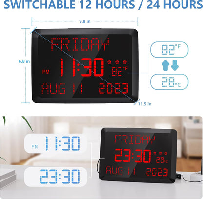 Digital Clock, 11.5" Large Display Calendar Clock with Day and Date, Indoor Temperature, Adjustable Brightness, Snooze,12/24H, DST for Home, Office, Elderly