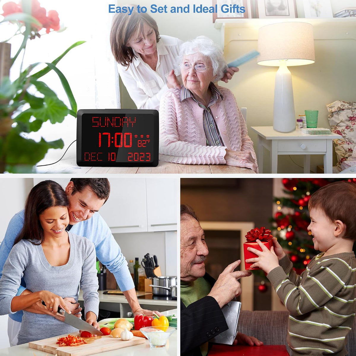 Digital Clock, 11.5" Large Display Calendar Clock with Day and Date, Indoor Temperature, Adjustable Brightness, Snooze,12/24H, DST for Home, Office, Elderly