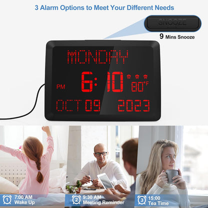Digital Clock, 11.5" Large Display Calendar Clock with Day and Date, Indoor Temperature, Adjustable Brightness, Snooze,12/24H, DST for Home, Office, Elderly