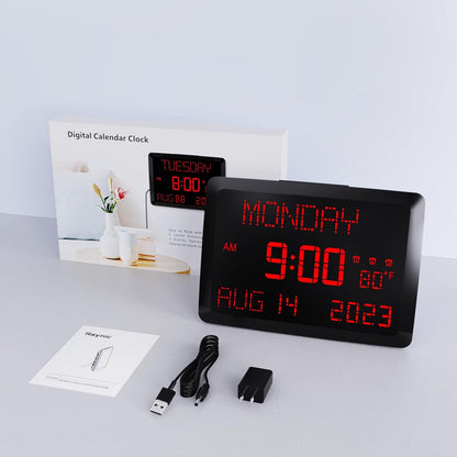 Digital Clock, 11.5" Large Display Calendar Clock with Day and Date, Indoor Temperature, Adjustable Brightness, Snooze,12/24H, DST for Home, Office, Elderly