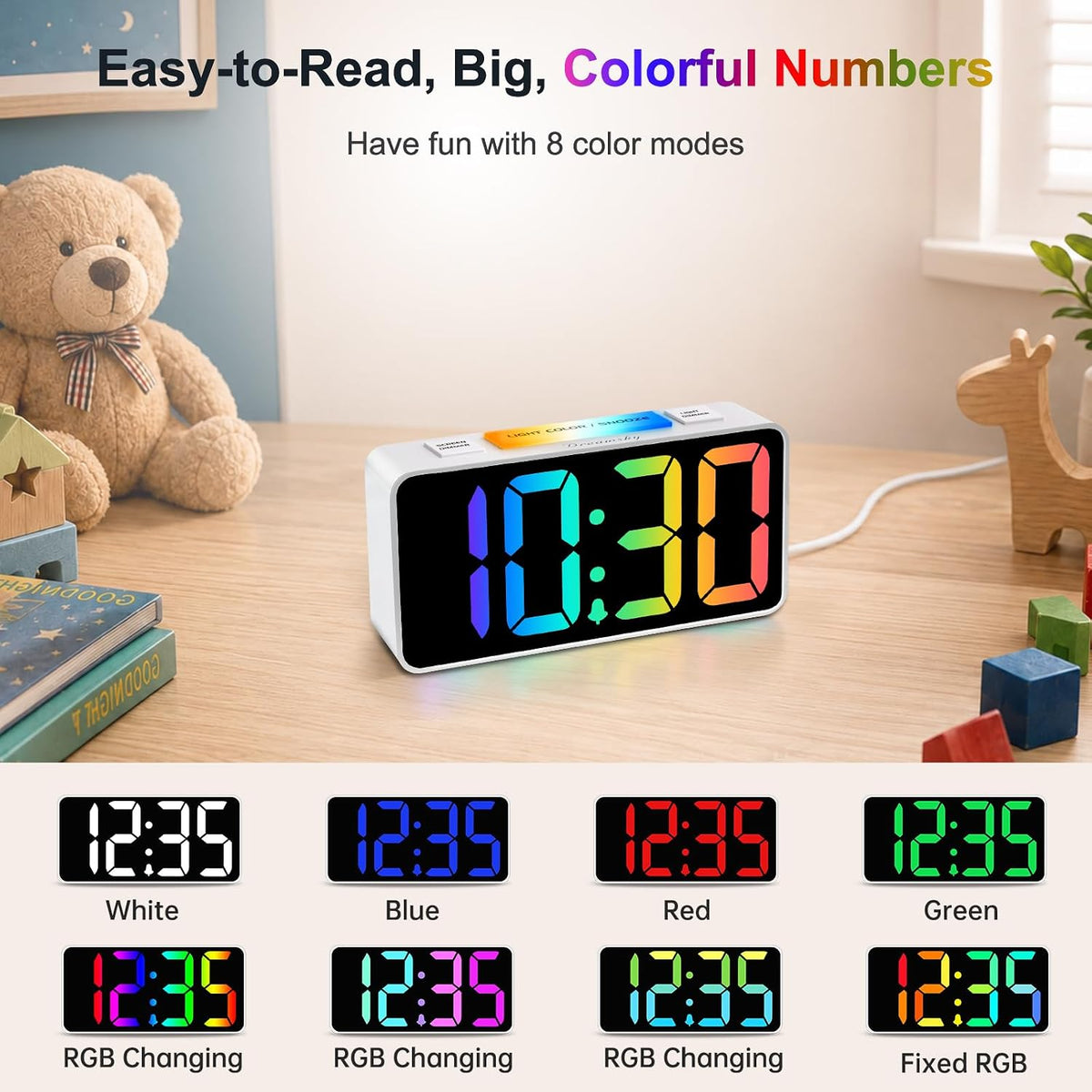 Small Digital Alarm Clock for Bedroom, RGB Kids Alarm Clock Boys