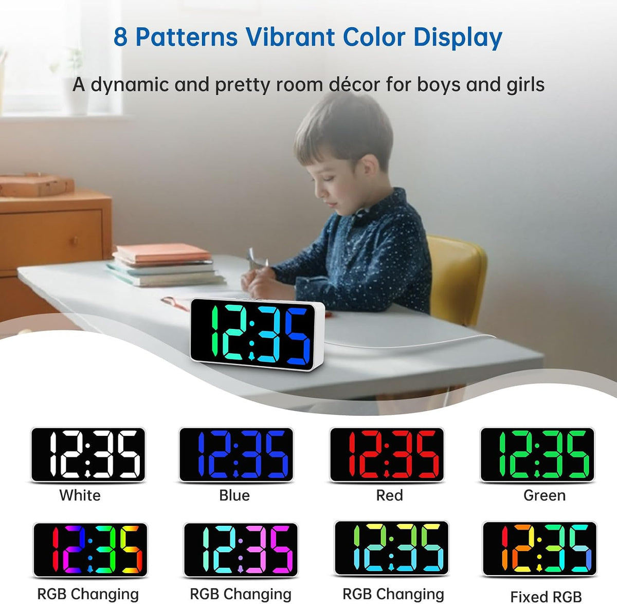 Small Digital Alarm Clock for Bedroom, RGB Kids Alarm Clock Boys