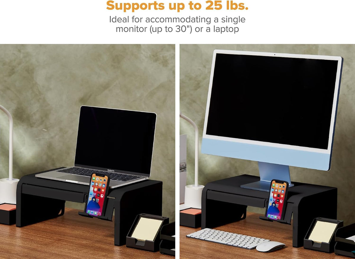 Bostitch Konnect Adjustable Monitor Riser with Drawer & Cell Phone Holder, Laptop Stand for Desk, 4 Height Levels, Cable Management & Rubber Feet