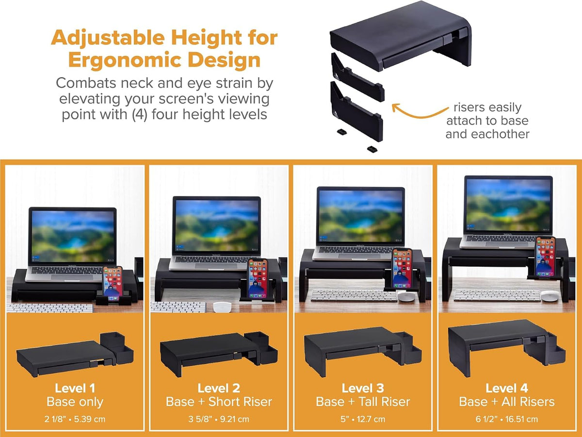 Bostitch Konnect Adjustable Monitor Riser with Drawer & Cell Phone Holder, Laptop Stand for Desk, 4 Height Levels, Cable Management & Rubber Feet
