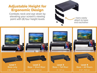 Bostitch Konnect Adjustable Monitor Riser with Drawer & Cell Phone Holder, Laptop Stand for Desk, 4 Height Levels, Cable Management & Rubber Feet