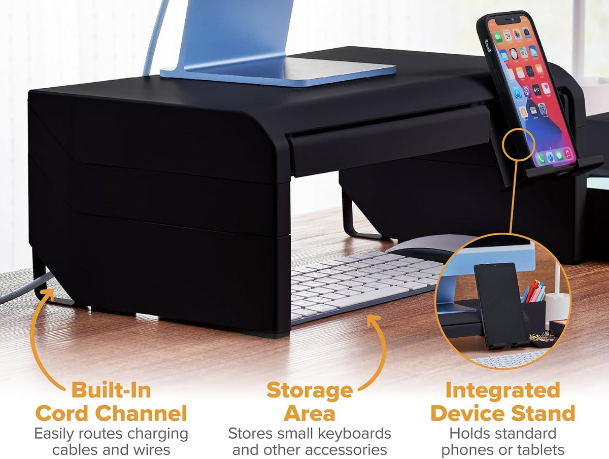 Bostitch Konnect Adjustable Monitor Riser with Drawer & Cell Phone Holder, Laptop Stand for Desk, 4 Height Levels, Cable Management & Rubber Feet