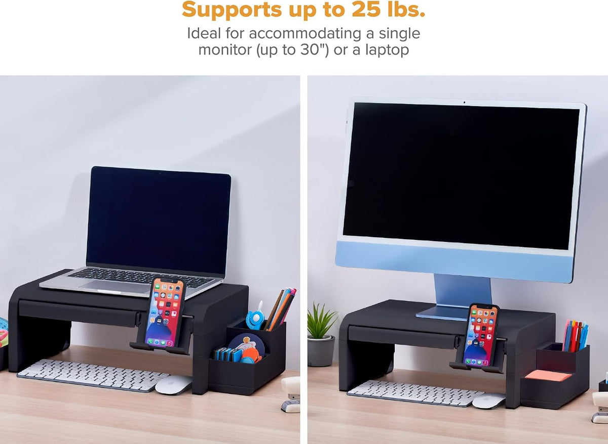 Bostitch Konnect Adjustable Monitor Riser with Drawer & Cell Phone Holder, Laptop Stand for Desk, 4 Height Levels, Cable Management & Rubber Feet