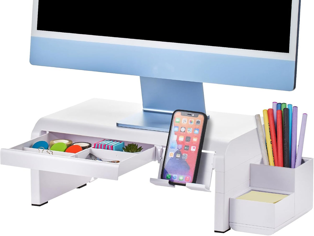Bostitch Konnect Adjustable Monitor Riser with Drawer & Cell Phone Holder, Laptop Stand for Desk, 4 Height Levels, Cable Management & Rubber Feet