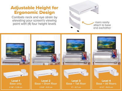 Bostitch Konnect Adjustable Monitor Riser with Drawer & Cell Phone Holder, Laptop Stand for Desk, 4 Height Levels, Cable Management & Rubber Feet