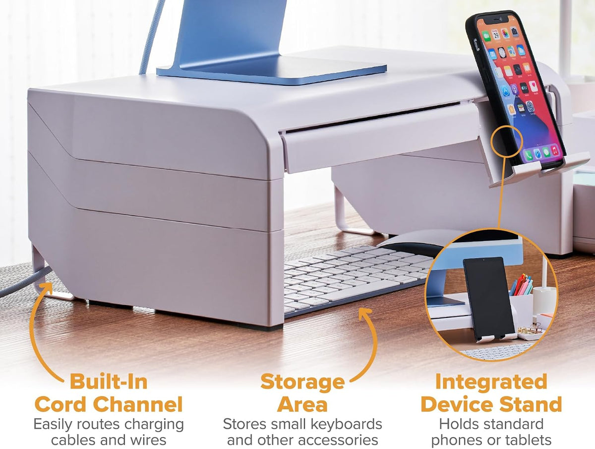 Bostitch Konnect Adjustable Monitor Riser with Drawer & Cell Phone Holder, Laptop Stand for Desk, 4 Height Levels, Cable Management & Rubber Feet