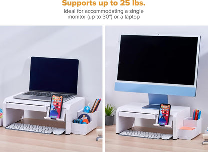 Bostitch Konnect Adjustable Monitor Riser with Drawer & Cell Phone Holder, Laptop Stand for Desk, 4 Height Levels, Cable Management & Rubber Feet