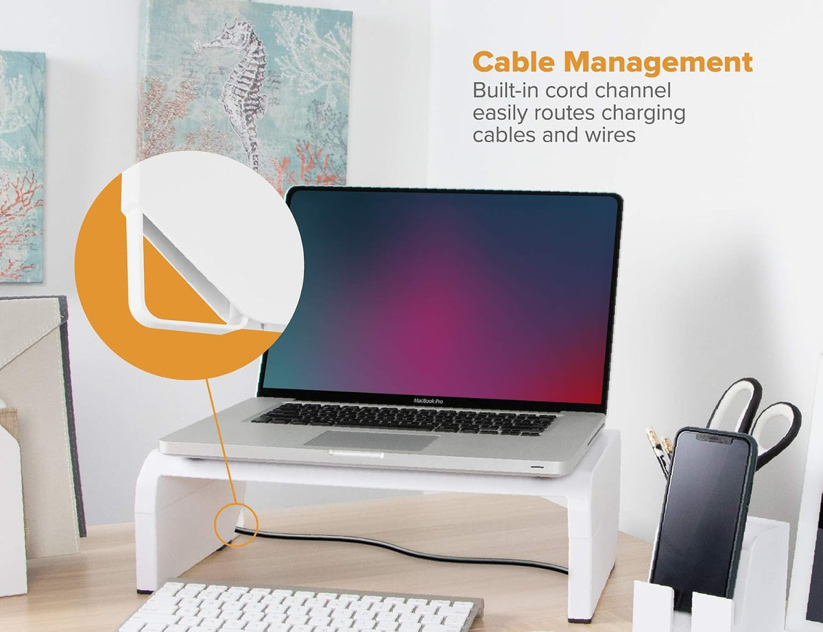 Bostitch Konnect Adjustable Monitor Riser with Drawer & Cell Phone Holder, Laptop Stand for Desk, 4 Height Levels, Cable Management & Rubber Feet