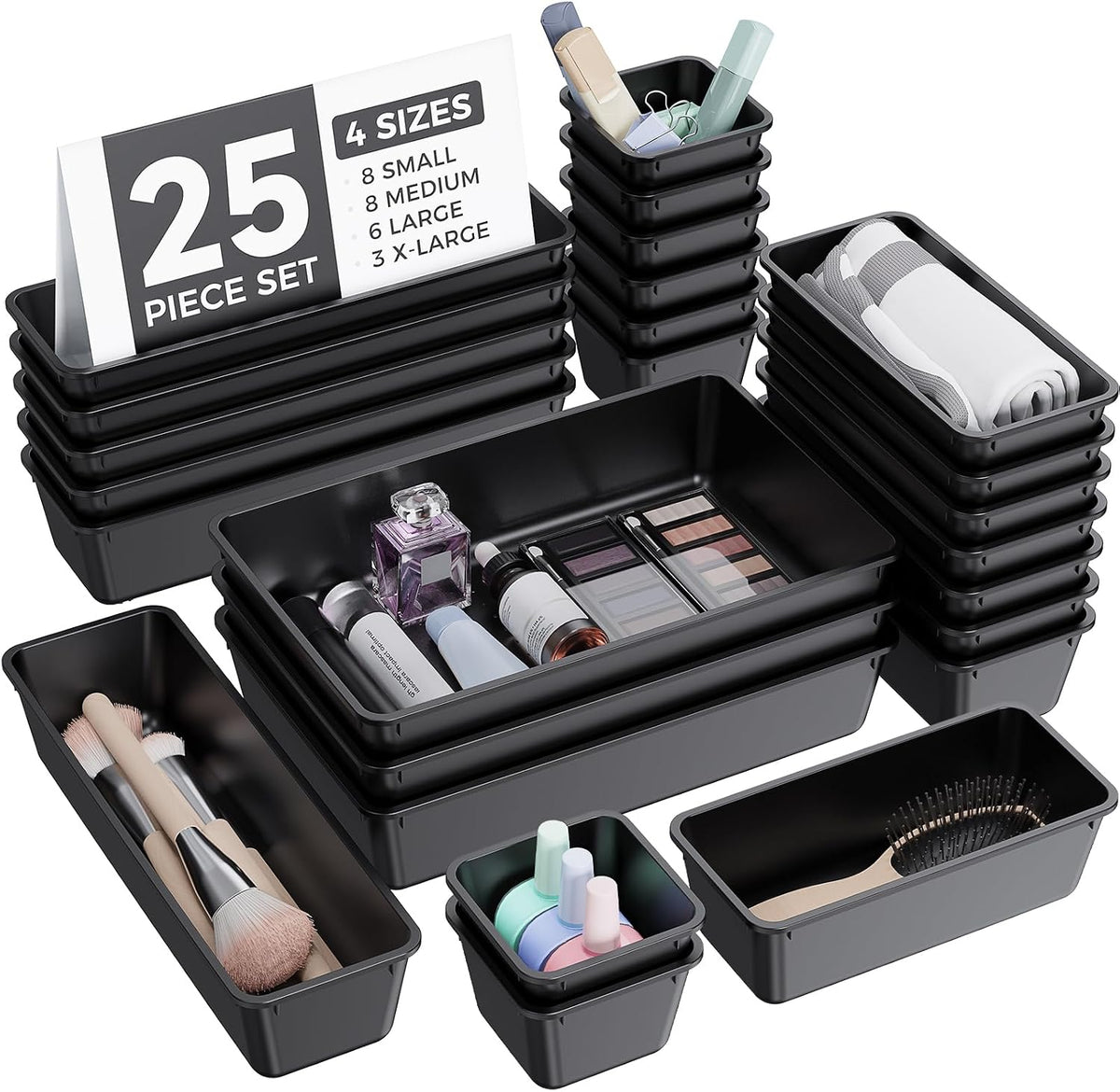 25 PCS Plastic Drawer Organizers Set, 4-Sizes Vanity and Makeup Organizer, Desk and bathroom Drawer Organizer Trays, Organizers and Storage for Makeup, Jewelry, Gadgets, Utensils (Pink)