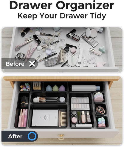 25 PCS Plastic Drawer Organizers Set, 4-Sizes Vanity and Makeup Organizer, Desk and bathroom Drawer Organizer Trays, Organizers and Storage for Makeup, Jewelry, Gadgets, Utensils (Pink)