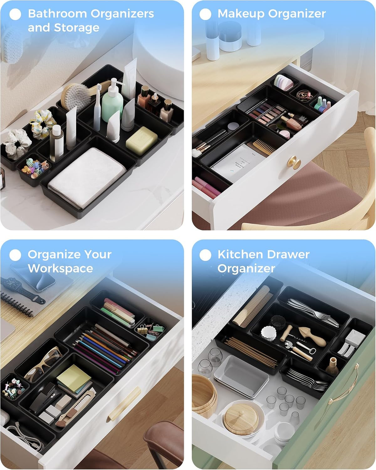 25 PCS Plastic Drawer Organizers Set, 4-Sizes Vanity and Makeup Organizer, Desk and bathroom Drawer Organizer Trays, Organizers and Storage for Makeup, Jewelry, Gadgets, Utensils (Pink)