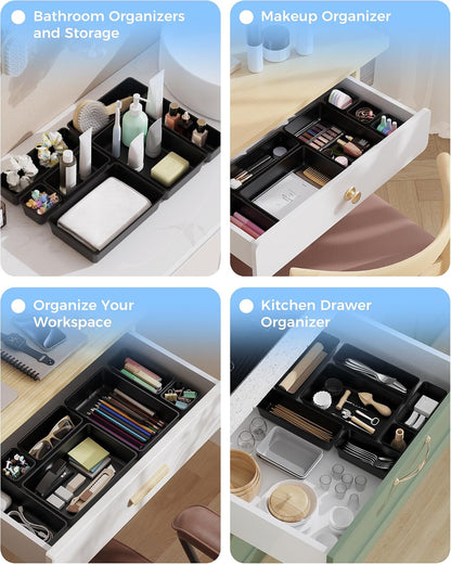 25 PCS Plastic Drawer Organizers Set, 4-Sizes Vanity and Makeup Organizer, Desk and bathroom Drawer Organizer Trays, Organizers and Storage for Makeup, Jewelry, Gadgets, Utensils (Pink)