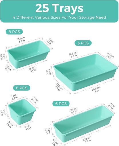 25 PCS Plastic Drawer Organizers Set, 4-Sizes Vanity and Makeup Organizer, Desk and bathroom Drawer Organizer Trays, Organizers and Storage for Makeup, Jewelry, Gadgets, Utensils (Pink)
