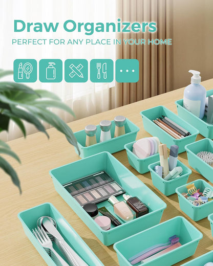 25 PCS Plastic Drawer Organizers Set, 4-Sizes Vanity and Makeup Organizer, Desk and bathroom Drawer Organizer Trays, Organizers and Storage for Makeup, Jewelry, Gadgets, Utensils (Pink)
