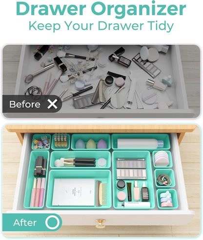 25 PCS Plastic Drawer Organizers Set, 4-Sizes Vanity and Makeup Organizer, Desk and bathroom Drawer Organizer Trays, Organizers and Storage for Makeup, Jewelry, Gadgets, Utensils (Pink)