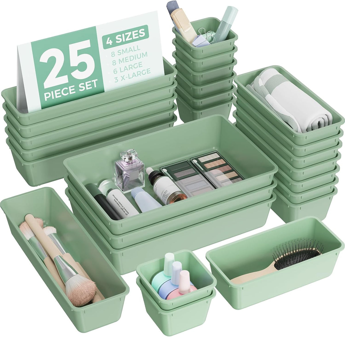 25 PCS Plastic Drawer Organizers Set, 4-Sizes Vanity and Makeup Organizer, Desk and bathroom Drawer Organizer Trays, Organizers and Storage for Makeup, Jewelry, Gadgets, Utensils (Pink)