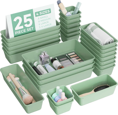 25 PCS Plastic Drawer Organizers Set, 4-Sizes Vanity and Makeup Organizer, Desk and bathroom Drawer Organizer Trays, Organizers and Storage for Makeup, Jewelry, Gadgets, Utensils (Pink)