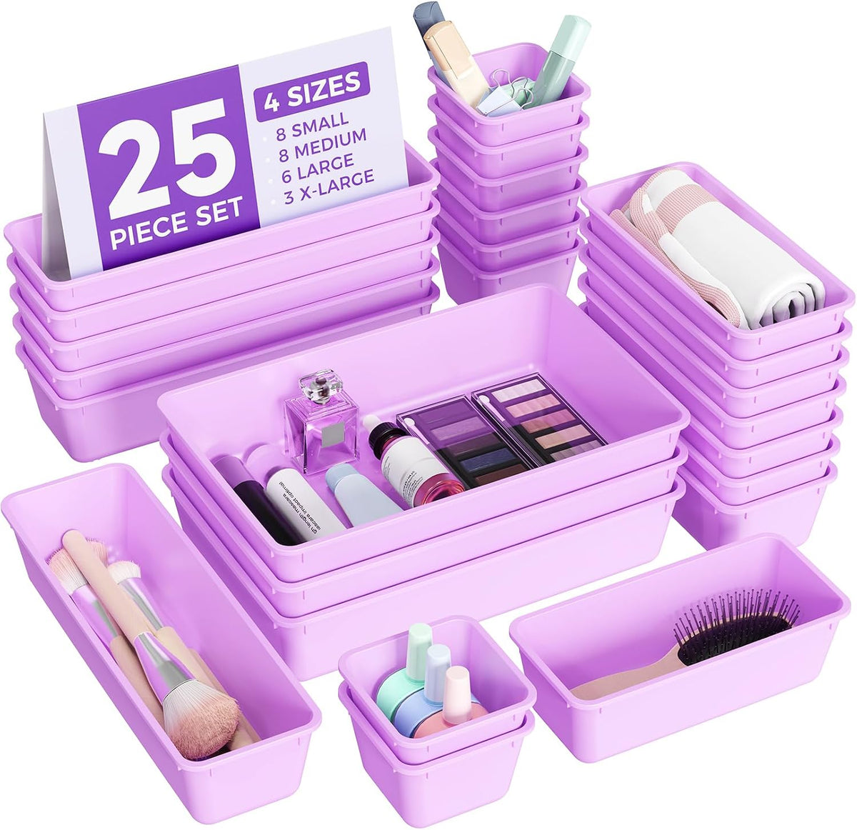 25 PCS Plastic Drawer Organizers Set, 4-Sizes Vanity and Makeup Organizer, Desk and bathroom Drawer Organizer Trays, Organizers and Storage for Makeup, Jewelry, Gadgets, Utensils (Pink)