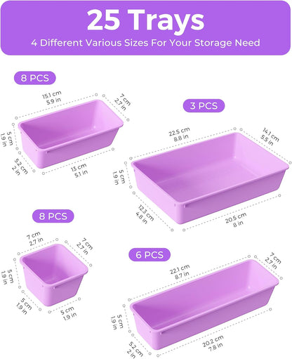 25 PCS Plastic Drawer Organizers Set, 4-Sizes Vanity and Makeup Organizer, Desk and bathroom Drawer Organizer Trays, Organizers and Storage for Makeup, Jewelry, Gadgets, Utensils (Pink)