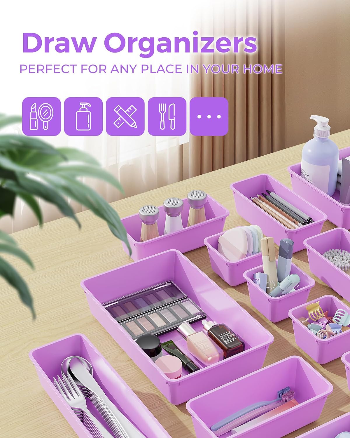 25 PCS Plastic Drawer Organizers Set, 4-Sizes Vanity and Makeup Organizer, Desk and bathroom Drawer Organizer Trays, Organizers and Storage for Makeup, Jewelry, Gadgets, Utensils (Pink)