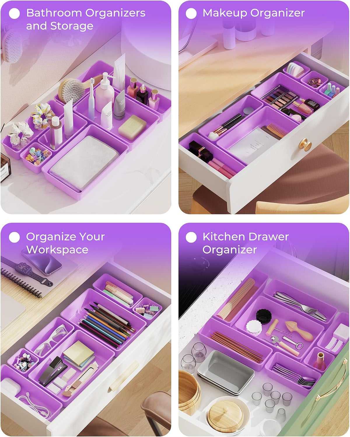 25 PCS Plastic Drawer Organizers Set, 4-Sizes Vanity and Makeup Organizer, Desk and bathroom Drawer Organizer Trays, Organizers and Storage for Makeup, Jewelry, Gadgets, Utensils (Pink)