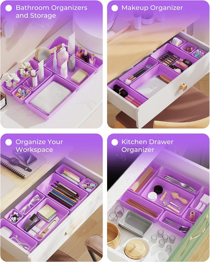 25 PCS Plastic Drawer Organizers Set, 4-Sizes Vanity and Makeup Organizer, Desk and bathroom Drawer Organizer Trays, Organizers and Storage for Makeup, Jewelry, Gadgets, Utensils (Pink)