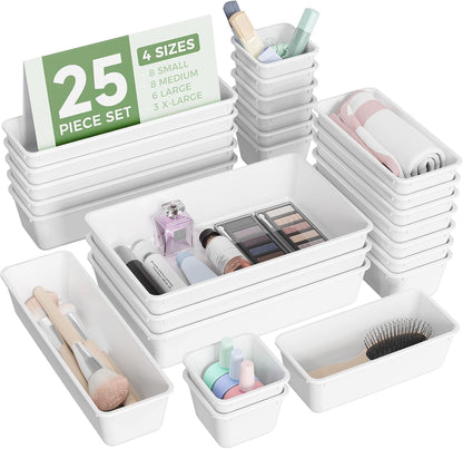 25 PCS Plastic Drawer Organizers Set, 4-Sizes Vanity and Makeup Organizer, Desk and bathroom Drawer Organizer Trays, Organizers and Storage for Makeup, Jewelry, Gadgets, Utensils (Pink)